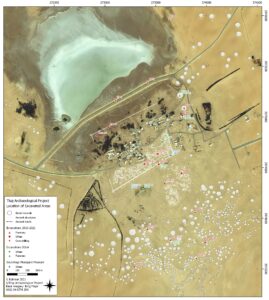 Vue satellite du site montrant la localisation des vestiges et des différents secteurs de fouille. © Mission archéologique de Thaj (CNRS/Heritage Commission). Image de fond : Bing ; cartographie : J. Rohmer