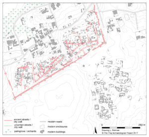 Plan des vestiges antiques du tiers sud de la ville fortifiée et du faubourg sud-est, établi à partir de l’orthophotographie et de la cartographie géomagnétique. Mission archéologique de Thaj (CNRS/Heritage Commission)